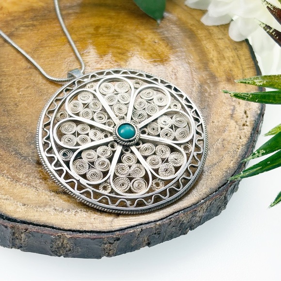 Vintage Israel Brooch Pendant 935 Sterling Silver Turquoise Flower Filigree - Picture 5 of 13
